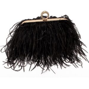 Black Feather Clutch with Metallic Clasp